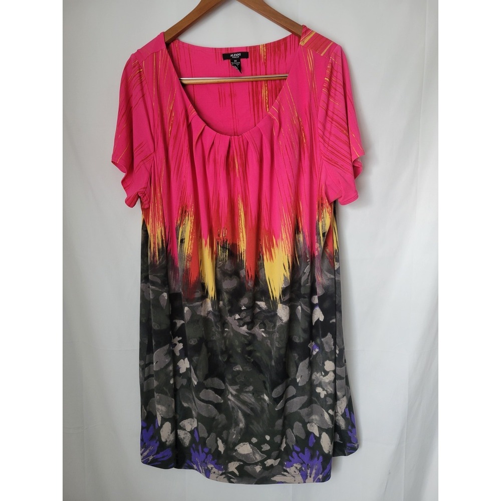 Alfani Woman Plus Size 3X Abstract Print Scoop Neck‎ Knit Tunic Top Pink Gray